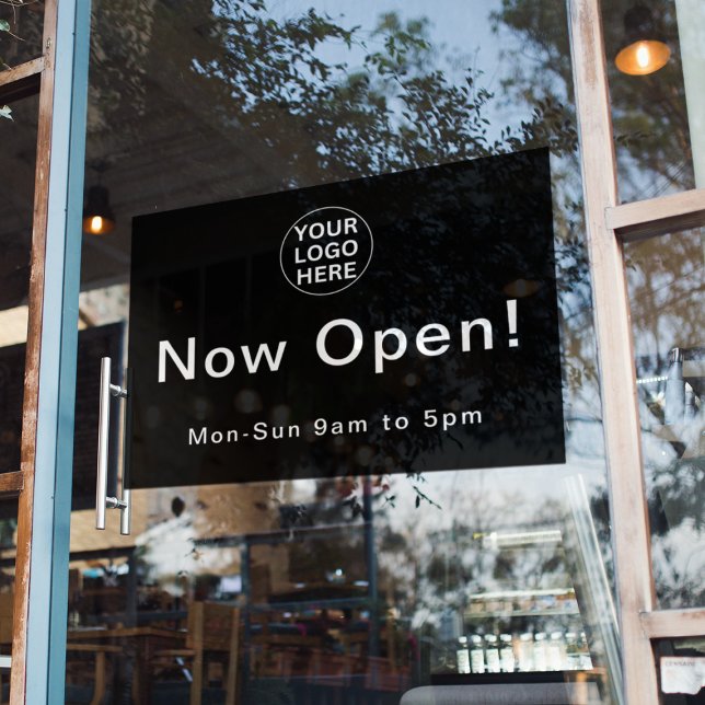 Now Open l Black & White Business Logo Hours  Window Cling (Creator Uploaded)