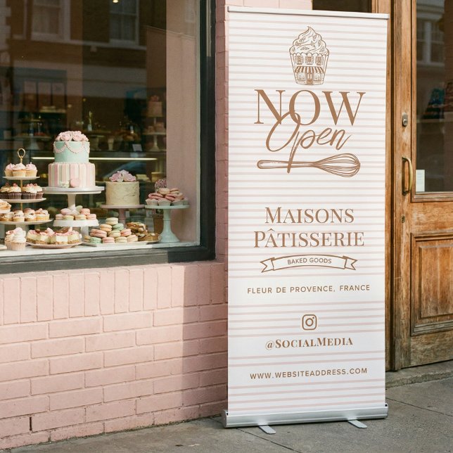 Now Open Pink Stripe Cupcake Whisk Bakery Business Retractable Banner (Now Open Pink Stripe Cupcake Whisk Bakery Business Retractable Banner)