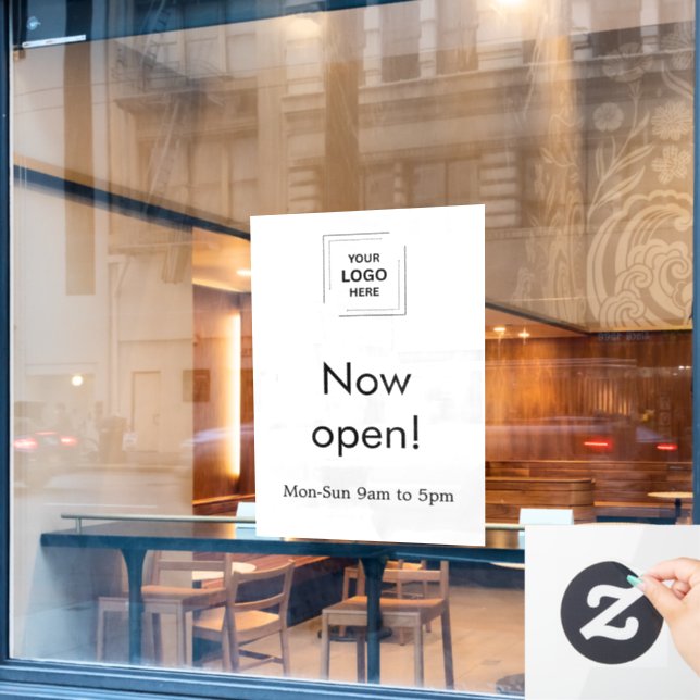 Now Open Sign | Business Logo White Window Cling (Cafe Window)