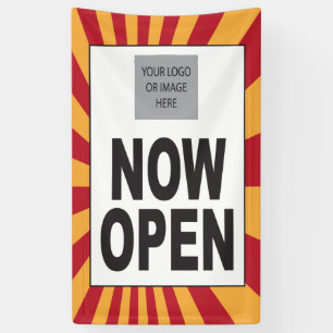Now Open Sign with logo and starburst