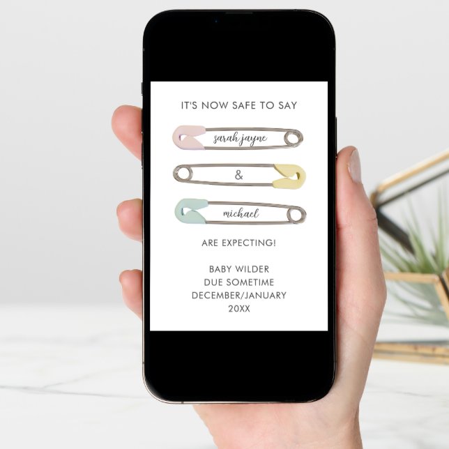 Now Safe To Say Expecting Safety Pins Pregnancy Announcement (Front Digital)