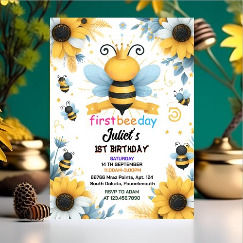 Now spring daisy Yellow first 1st bee day birthday Invitation