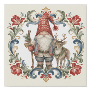 Nowegian Christmas Gnome with Rosemaling Border Faux Canvas Print