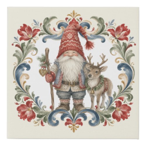 Nowegian Christmas Gnome with Rosemaling Border Faux Canvas Print