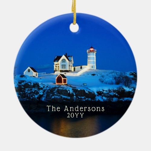 Nubble Holiday Lights Famly Lighthouse Ceramic Ornament