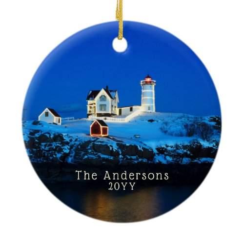 Nubble Holiday Lights Famly Lighthouse Ceramic Ornament