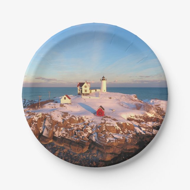 Nubble Light Aerial Snowy Maine Lighthouse Paper Plates (Front)