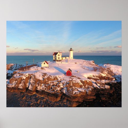 Nubble Light Aerial Snowy Maine Lighthouse Poster