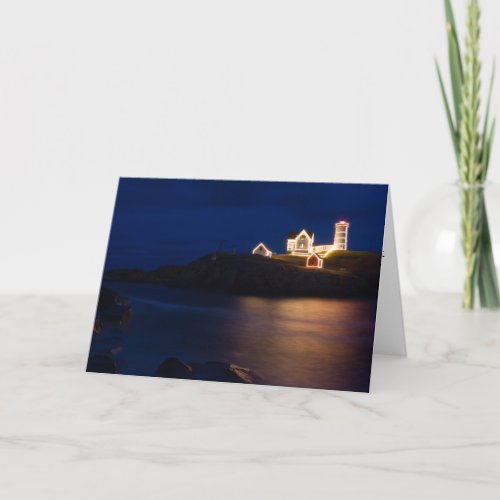 Nubble Light Decorated At Night Holiday Card
