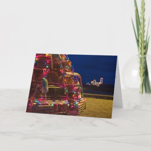 Nubble Light Decorated At Night Holiday Card