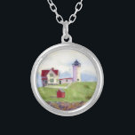 Nubble Light House York Maine Silver Plated Necklace<br><div class="desc">Nubble Light House York Maine a watercolor painted on location during the Summer</div>