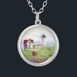 Nubble Light House York Maine Silver Plated Necklace<br><div class="desc">Nubble Light House York Maine a watercolor painted on location during the Summer</div>