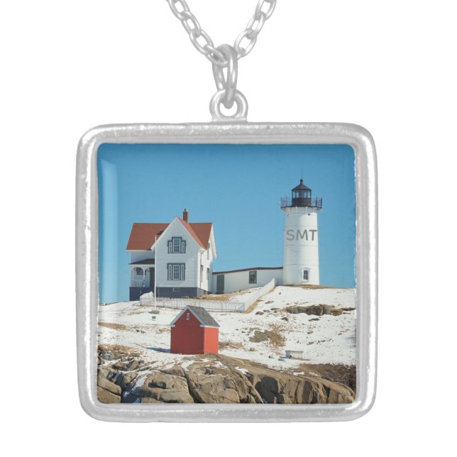Nubble Light Monogram Maine Lighthouse Silver Plated Necklace (Front)