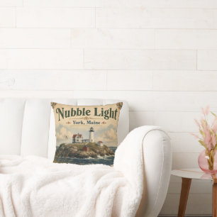 Nubble Light York Maine Vintage Coastal Throw Pillow