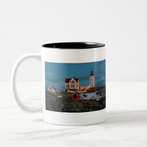 Nubble lighthouse at Christmas Two_Tone Coffee Mug