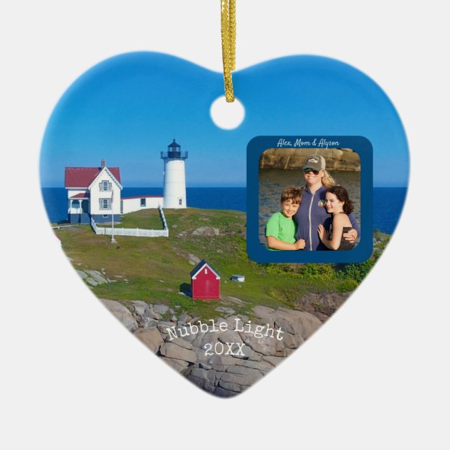 Nubble Lighthouse Family Photo Christmas Ceramic Ornament (Front)