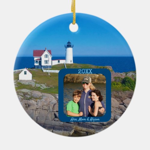 Nubble Lighthouse Family Photo Christmas Ceramic Ornament