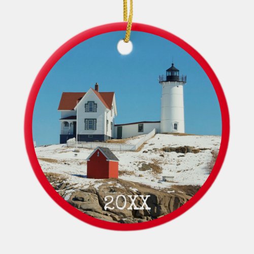 Nubble Lighthouse Red Family Photo Ceramic Ornament