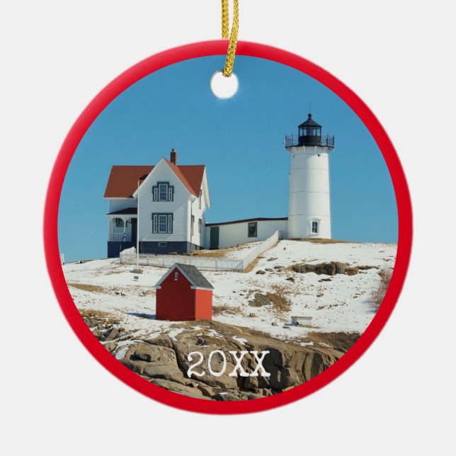 Nubble Lighthouse Red Family Photo Ceramic Ornament (Front)
