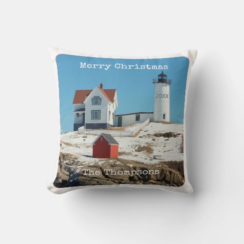 Nubble Merry Christmas Family Maine Lighthouse Throw Pillow