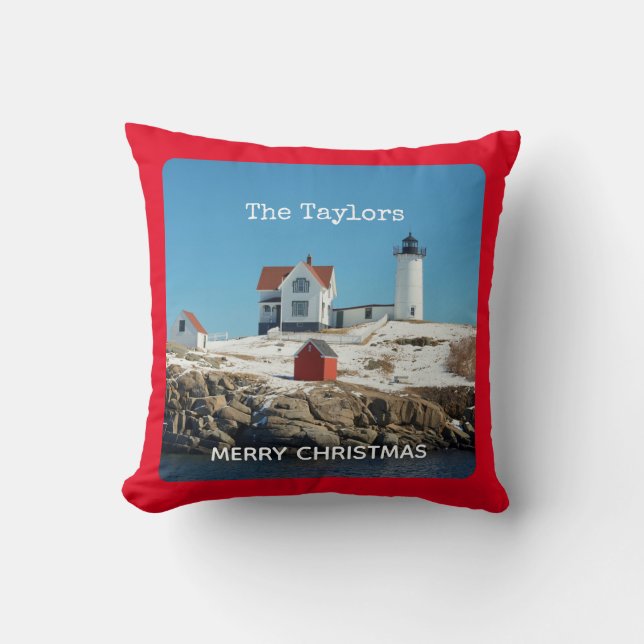 Nubble Red Name Coastal Ocean Maine Lighthouse Throw Pillow (Front)