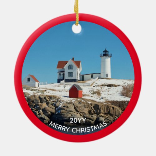 Nubble Red Year Atlantic Ocean Maine Lighthouse Ceramic Ornament