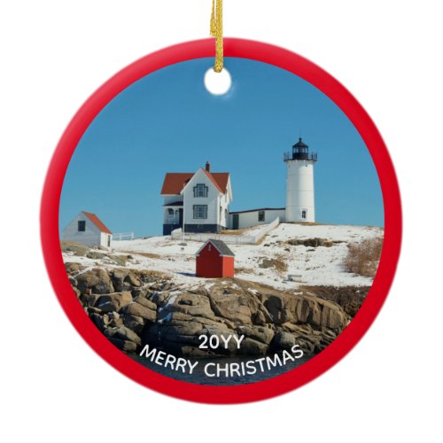 Nubble Red Year Atlantic Ocean Maine Lighthouse Ceramic Ornament