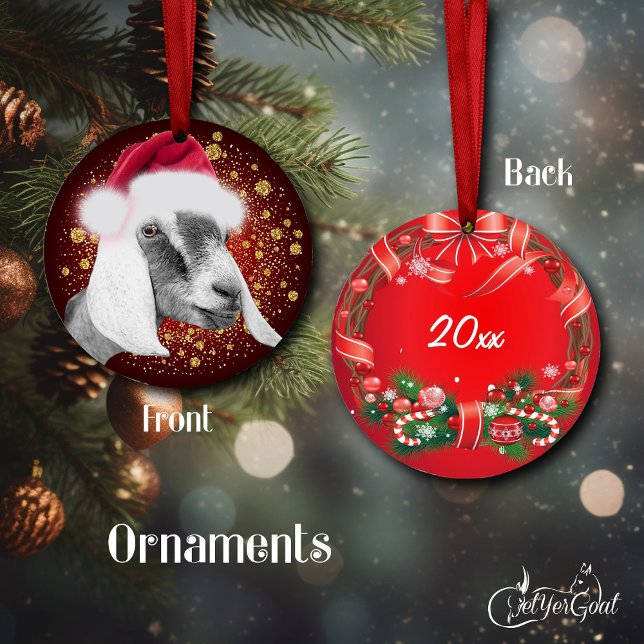 Nubian Dairy Goat Santa Hat Christmas Ornament (Festive gold snowflakes and a pretty nubian goat - dated on the back #zazzlemade)