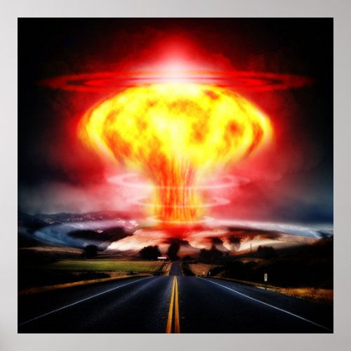 Nuclear explosion mushroom cloud illustration poster