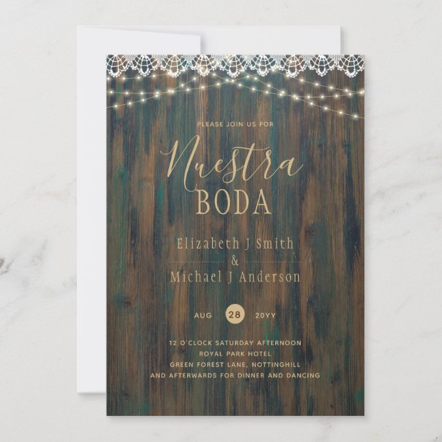 NUESTRA BODA BUDGET RUSTIC LIGHTS LACE Wedding Invitation (Front)