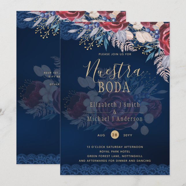 Nuestra Boda Burgundy Blue Floral Lace INVITE (Front/Back)