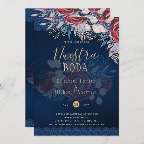 Nuestra Boda Burgundy Blue Floral Lace INVITE