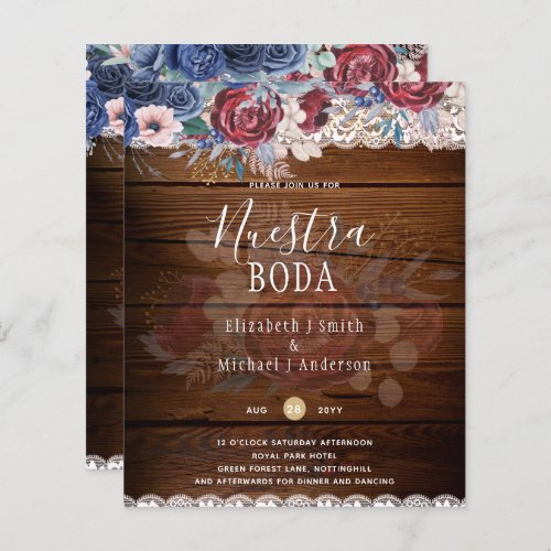 Nuestra Boda Burgundy Blue Floral Lace INVITE