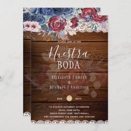 Nuestra Boda Burgundy Blue Floral Lace INVITE