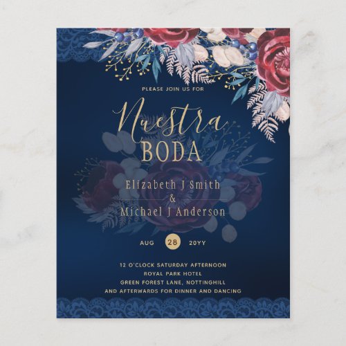 Nuestra Boda Burgundy Blue Floral Lace INVITE Flyer