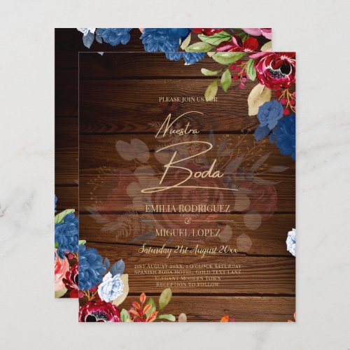 NUESTRA BODA Burgundy Blue Floral Wedding INVITE