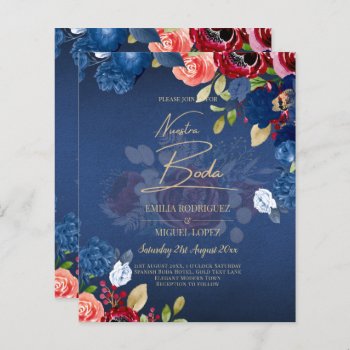 NUESTRA BODA Burgundy Blue Floral Wedding INVITE