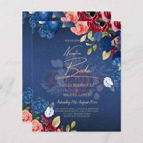 NUESTRA BODA Burgundy Blue Floral Wedding INVITE