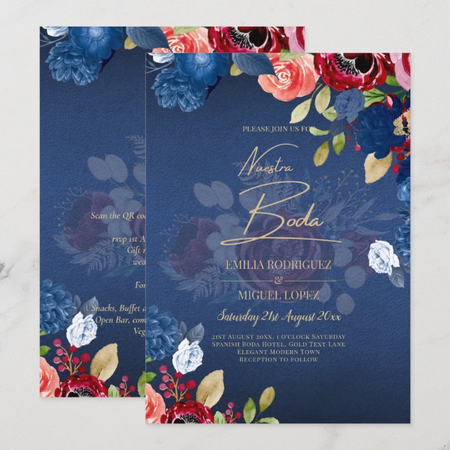NUESTRA BODA Burgundy Blue Floral Wedding INVITE (Front/Back)