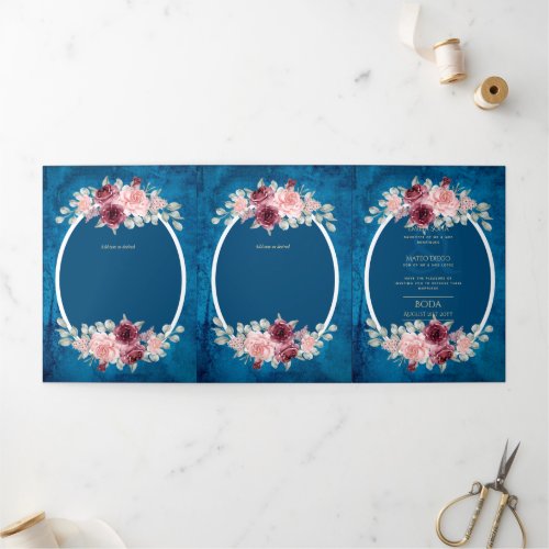 Nuestra Boda Burgundy Blue Floral Wedding Invite