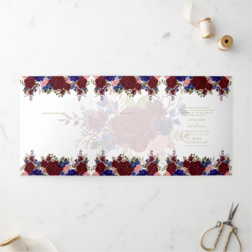 Nuestra Boda Burgundy Blue Floral Wedding Invite