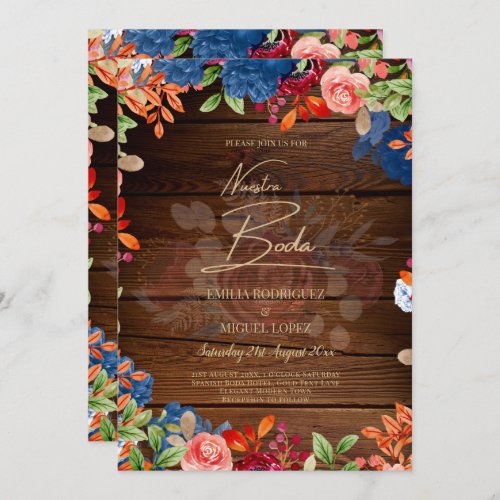 NUESTRA BODA Burgundy Blue Floral Wedding INVITE