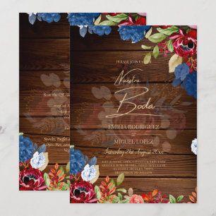 NUESTRA BODA Burgundy Blue Floral Wedding INVITE