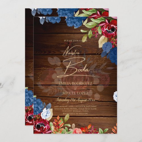 NUESTRA BODA Burgundy Blue Floral Wedding INVITE