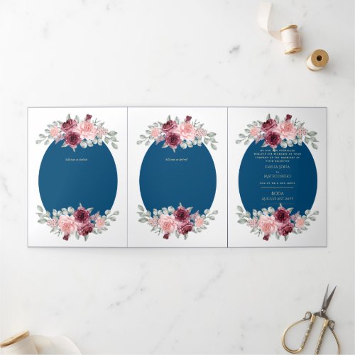 Nuestra Boda Burgundy Blue Floral Wedding Invite