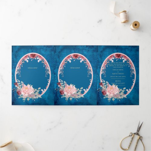 Nuestra Boda Burgundy Blue Floral Wedding Invite