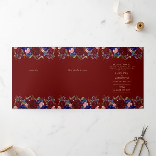 Nuestra Boda Burgundy Blue Floral Wedding Invite