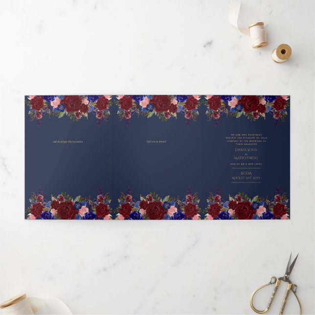 Nuestra Boda Burgundy Blue Floral Wedding Invite (Outside)