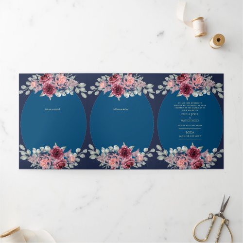 Nuestra Boda Burgundy Blue Floral Wedding Invite