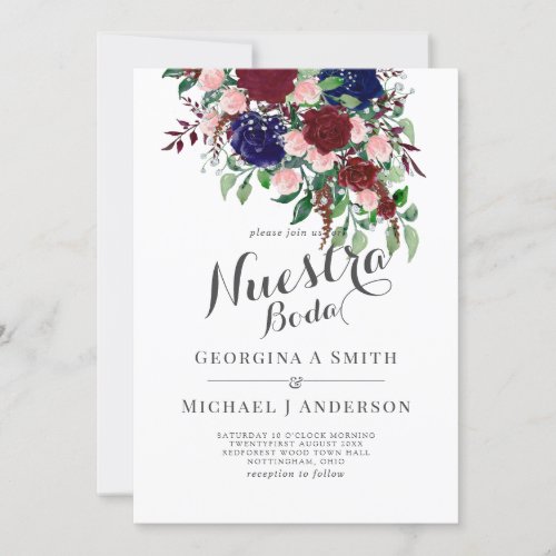 Nuestra Boda_ Burgundy Blue Spanish Wedding Invite